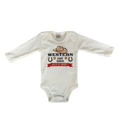 Body Infantil Baby Ranch Malha Manga Longa Masculino Pérola Com Estampa Chapéu Western Ref:1414