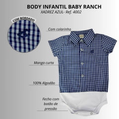 Body Infantil Baby Ranch Manga Curta Estilo Camisa Azul E Branco Ref:4002