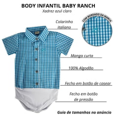 Body Infantil Baby Ranch Manga Curta Estilo Camisa Xadrez Azul Claro E  Branco Ref:4002