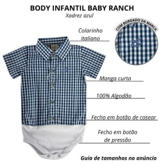 Body Infantil Baby Ranch Manga Curta Estilo Camisa Xadrez Azul Escuro E  Branco Ref:4002