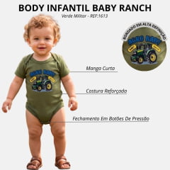 Body Infantil Baby Ranch Manga Curta Verde Militar Estampada Agro Baby Trator - REF:1613