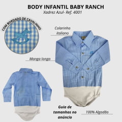 Body Infantil Baby Ranch Manga Longa Estilo Camisa Xadrez Azul Claro E Branco Ref:4001