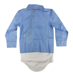 Body Infantil Baby Ranch Manga Longa Estilo Camisa Xadrez Azul Claro E Branco Ref:4001