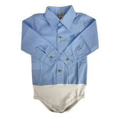 Body Infantil Baby Ranch Manga Longa Estilo Camisa Xadrez Azul Claro E Branco Ref:4001