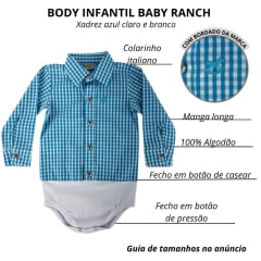 Body Infantil Baby Ranch Manga Longa Estilo Camisa Xadrez Azul Claro E Branco Ref:4001