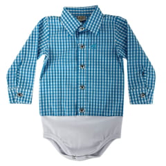 Body Infantil Baby Ranch Manga Longa Estilo Camisa Xadrez Azul Claro E Branco Ref:4001