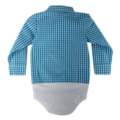 Body Infantil Baby Ranch Manga Longa Estilo Camisa Xadrez Azul Claro E Branco Ref:4001