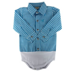 Body Infantil Baby Ranch Manga Longa Estilo Camisa Xadrez Azul Claro E Branco Ref:4001