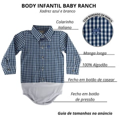 Body Infantil Baby Ranch Manga Longa Estilo Camisa Xadrez Azul Escuro E Branco Ref:4001