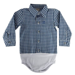 Body Infantil Baby Ranch Manga Longa Estilo Camisa Xadrez Azul Escuro E Branco Ref:4001