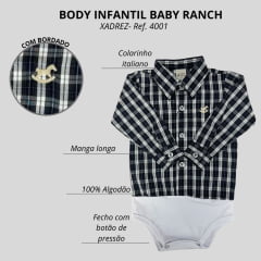Body Infantil Baby Ranch Manga longa Estilo Camisa Xadrez Branco E Preto Ref:4001