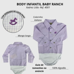 Body Infantil Baby Ranch Manga Longa Estilo Camisa Xadrez Lilás E Branco Ref:4001