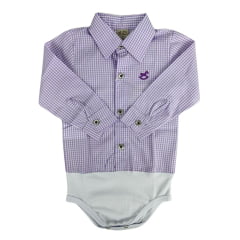 Body Infantil Baby Ranch Manga Longa Estilo Camisa Xadrez Lilás E Branco Ref:4001