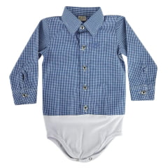 Body Infantil Baby Ranch Manga Longa Estilo Camisa Xadrez Pequeno Azul E Branco Ref:4001