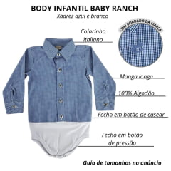 Body Infantil Baby Ranch Manga Longa Estilo Camisa Xadrez Pequeno Azul E Branco Ref:4001