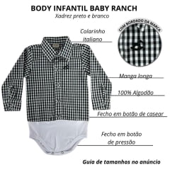 Body Infantil Baby Ranch Manga Longa Estilo Camisa Xadrez Preto E Branco Ref:4001