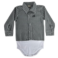 Body Infantil Baby Ranch Manga Longa Estilo Camisa Xadrez Preto E Branco Ref:4001