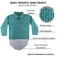 Body Infantil Baby Ranch Manga Longa Estilo Camisa Xadrez Verde E Branco Ref:4001