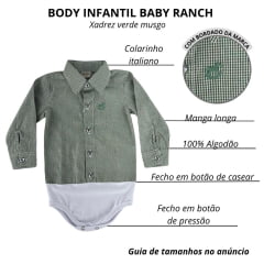 Body Infantil Baby Ranch Manga Longa Estilo Camisa Xadrez Verde Musgo Ref:4001