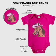 Body Infantil Baby Ranch Pink Manga Curta Com Desenho De Cavalo Com Chapéu Ref:1304