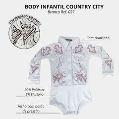 Body Infantil Country City Branco Manga Longa Com Colarinho E Bordado Com Pedras Brilhantes Rosa Layla Filha Ref:037