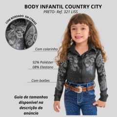 Body Infantil Country City Preta Manga Longa Com Bordados Com Brilho Em Arabescos Ref:321 LISS