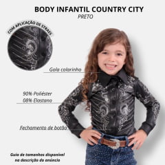 Body Infantil Country City Preto Manga Longa Com Bordados Com Brilhos e Arabescos Ref.307 Belinha