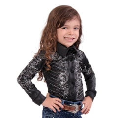 Body Infantil Country City Preto Manga Longa Com Bordados Com Brilhos e Arabescos Ref.307 Belinha