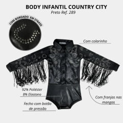 Body infantil Country City Preto Manga Longa Com Colarinho E Franja Nas Mangas Com Bordado Brilhante Layla Filha Ref:289