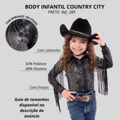 Body Infantil Country City Preto Manga Longa Com Franjas E Bordados De Estrelas E Arabescos Com Brilho Ref:289