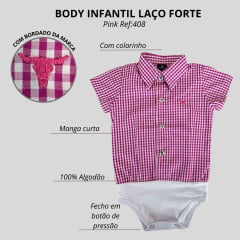 Body Infantil Laço Forte Estilo Camisa Manga Curta Pink/Branco Com Logo Rosa Ref:408