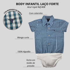 Body Infantil Laço Forte Estilo Camisa Manga Curta Xadrez Azul Claro/Azul Royal Com Logo Azul Ref:408