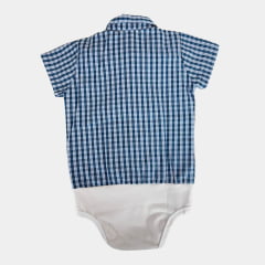 Body Infantil Laço Forte Estilo Camisa Manga Curta Xadrez Azul Claro/Azul Royal Com Logo Azul Ref:408