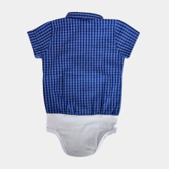 Body Infantil Laço Forte Estilo Camisa Manga Curta Xadrez Azul Royal Preto Com Logo Azul Ref:408