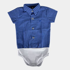 Body Infantil Laço Forte Estilo Camisa Manga Curta Xadrez Azul Royal Preto Com Logo Azul Ref:408