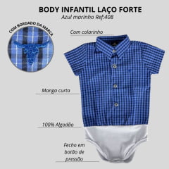 Body Infantil Laço Forte Estilo Camisa Manga Curta Xadrez Azul Royal Preto Com Logo Azul Ref:408