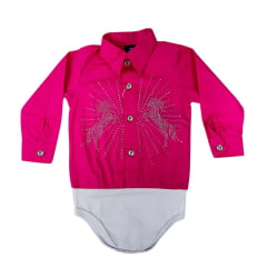 Body Infantil Laço Forte Estilo Camisa Manga Longa Pink Com Pedraria Em Forma De Cavalo Ref:432