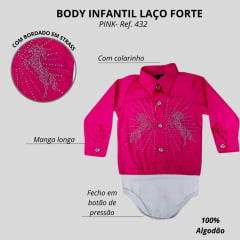 Body Infantil Laço Forte Estilo Camisa Manga Longa Pink Com Pedraria Em Forma De Cavalo Ref:432