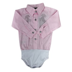 Body Infantil Laço Forte Estilo Camisa Manga Longa Rosa Bebe Com Pedraria Em Formato De Cavalos Ref:432