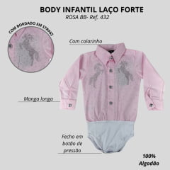 Body Infantil Laço Forte Estilo Camisa Manga Longa Rosa Bebe Com Pedraria Em Formato De Cavalos Ref:432