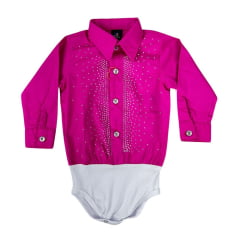 Body Infantil Laço Forte Estilo Camisa Manga Longa Rosa Maravilha Com Bordados Em Pedraria Brilhante Ref:432