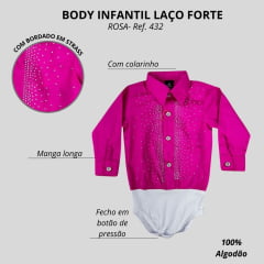 Body Infantil Laço Forte Estilo Camisa Manga Longa Rosa Maravilha Com Bordados Em Pedraria Brilhante Ref:432