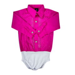 Body Infantil Laço Forte Estilo Camisa Manga Longa Rosa Maravilha Com Bordados Em Pedraria Brilhante Ref:432