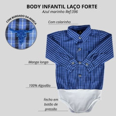 Body Infantil Laço Forte Estilo Camisa Manga Longa Xadrez Azul Royal Preto Com Logo Azul Ref:396