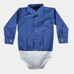 Body Infantil Laço Forte Estilo Camisa Manga Longa Xadrez Azul Royal Preto Com Logo Azul Ref:396