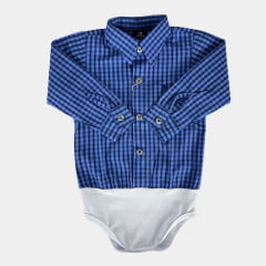 Body Infantil Laço Forte Estilo Camisa Manga Longa Xadrez Azul Royal Preto Com Logo Azul Ref:396