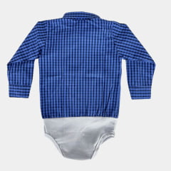 Body Infantil Laço Forte Estilo Camisa Manga Longa Xadrez Azul Royal Preto Com Logo Azul Ref:396