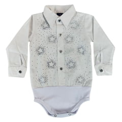 Body Infantil Laço Forte Modelo Camisa Manga Longa Branco Com Pedraria Desenho De Estrelas Ref:432