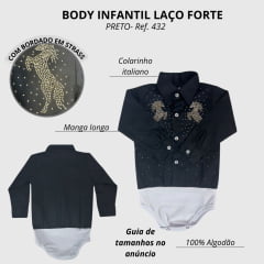 Body Infantil Laço Forte Modelo Camisa Manga Longa Preto Com Pedraria Dourada Desenho Cavalo Ref:432