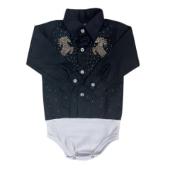 Body Infantil Laço Forte Modelo Camisa Manga Longa Preto Com Pedraria Dourada Desenho Cavalo Ref:432